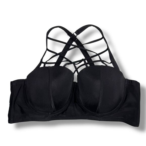 Torrid Womens Bikini Swimsuit Top Strappy Black Underwire Pushup Side Boning 44D - Picture 1 of 7